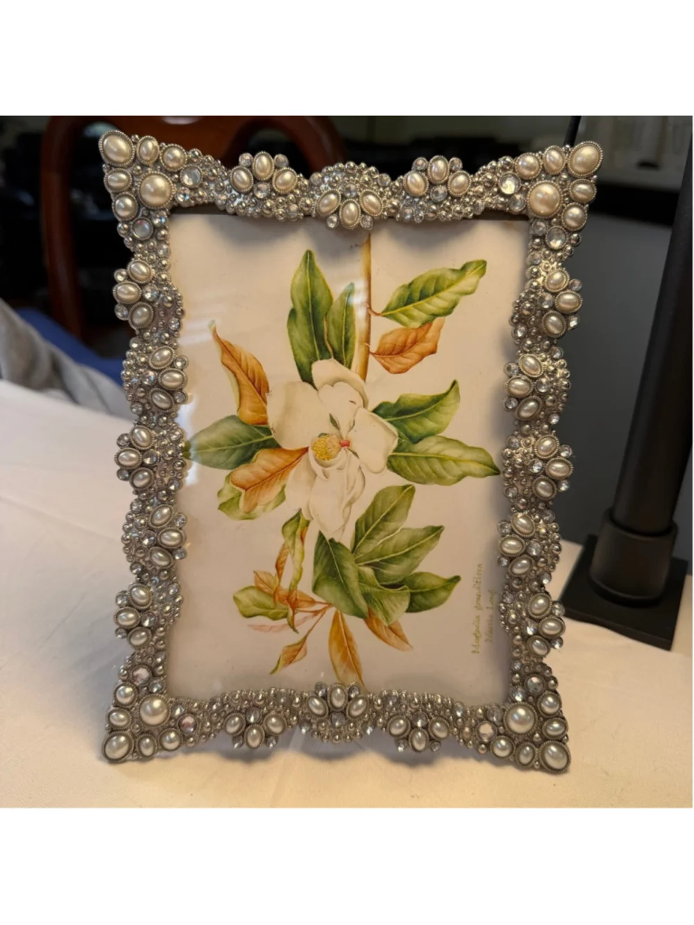 Elegant Pearl & Rhinestone Embellished Picture Frame 5x7 Silver Tone Decorative